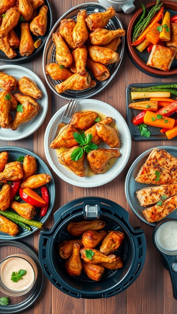 An assortment of air fryer meals including chicken wings, roasted vegetables, and salmon on a rustic table.